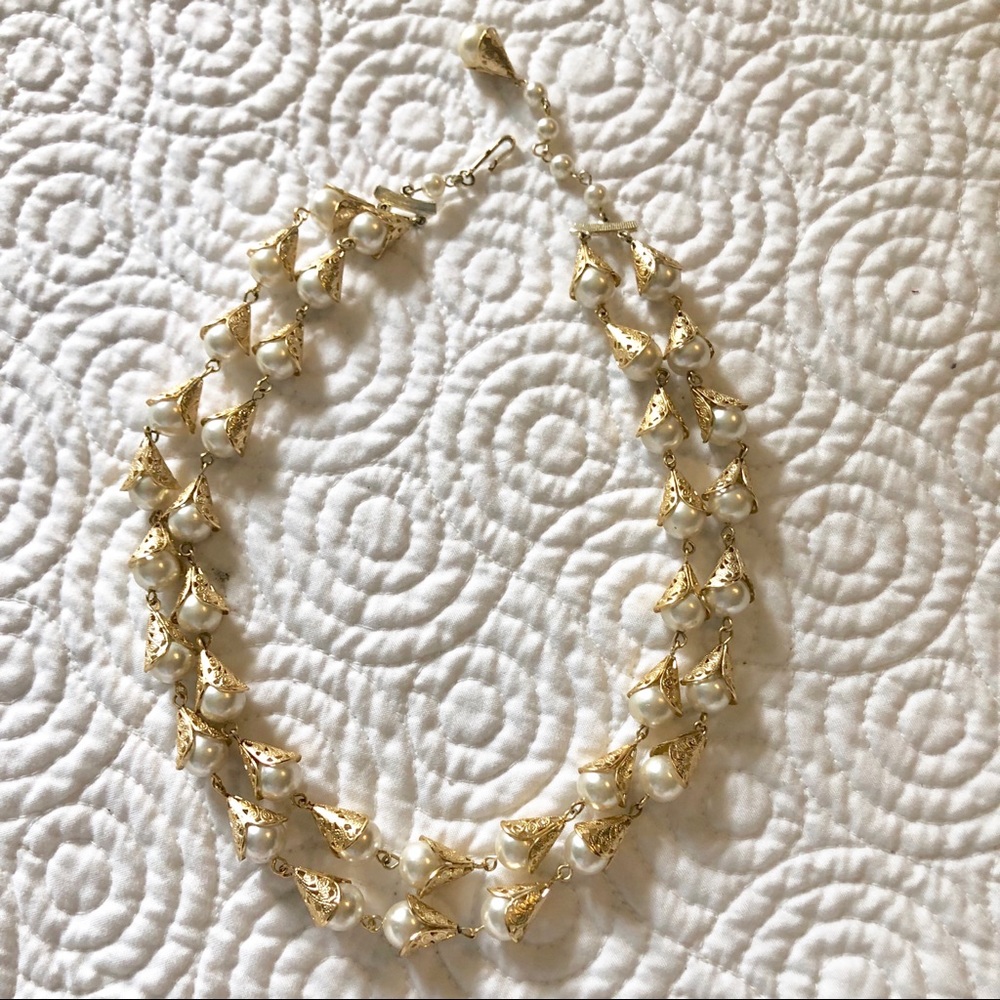 Vintage costume pearl and gold filigree necklace